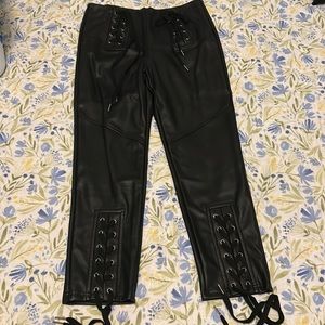 Faux leather cropped pants, lace up, zip up back